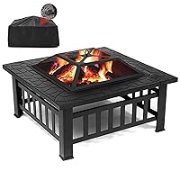 SINGLYFIRE 32 Inch Fire Pit Table for Outside Square Metal Firepit Outdoor Wood Burning Large Steel Bonfire Pit for Patio Backyard Garden with Waterproof Cover,Spark Screen,Log Grate,Poker