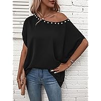 Women's Tops Women's Shirts Sexy Tops for Women Pearls Beaded Batwing Sleeve Blouse (Color : Black, Size : Large)