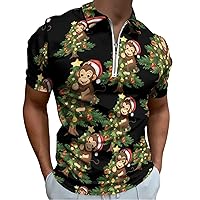 Christmas Tree and Monkey Men's Zippered Polo Shirts Short Sleeve Golf T-Shirt Regular Fit Casual Tees