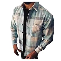 Men's Fall Winter Plus Size Wool Blend Soft Shell Sherpa Shirt Trucker Jacket Coat Solid Color/Plaid Long Sleeve Lapel Collar Single Breasted Short Trench Peacoat with Pocket(C Blue L)