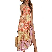GRACE KARIN Women's Summer Dresses 2024 Halter Neck Sleeveless Smocked Backless Cut Out Floral Flowy A Line Maxi Dress