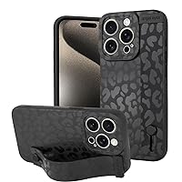 OOK Compatible with iPhone 15 Pro Leopard Cheetah Case with Wrist Strap, Black Leopard TPU Shockproof Protection Slim Cover with Camera Protection for Women Girls, for 6.1inch