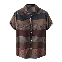Mens Cotton Linen Casual Button Down Shirts Short Sleeve Vintage Ethnic Striped Summer T Shirts for Men Stylish Hawaiian Tees
