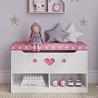 Kids Toy Box – Pink & White with Cushion Storage Bench Seat, Toy Storage Chest And Cubby Space For Shoes And Books Organizers