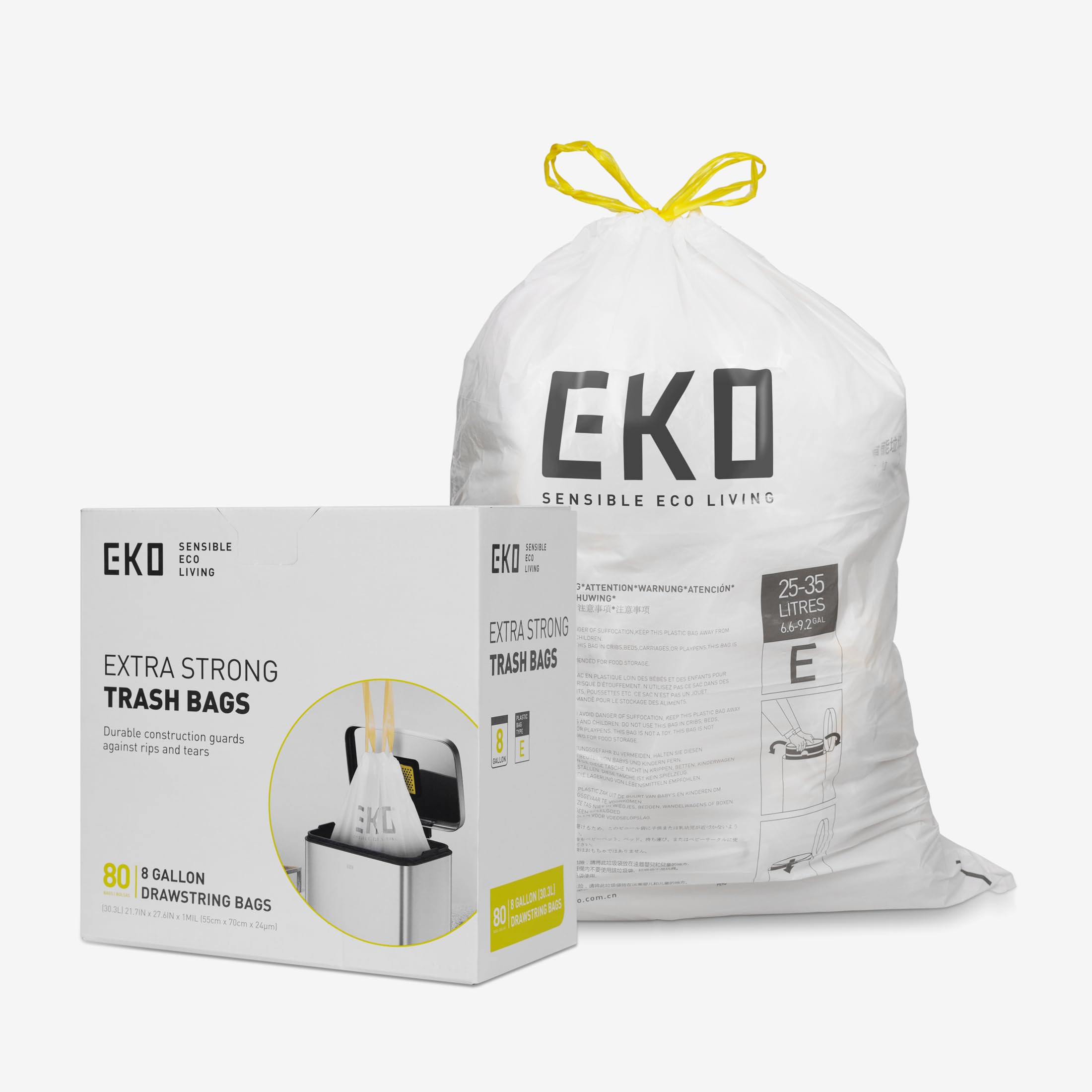 EKO Easy-Dispense Roll 80 Count Extra-Strong Drawstring Tall Kitchen Trash Bag, 8 Gallon Trash Bag (25-35L) 80 Pack White, Code E