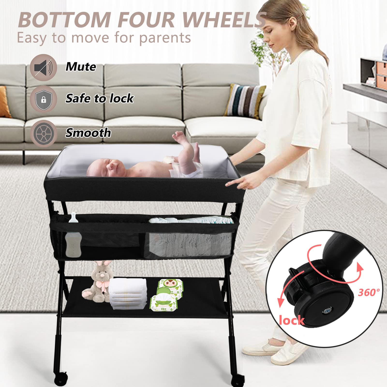 Kinder King Portable Baby Changing Table w/Wheels, Adjustable Height Folding Infant Diaper Station, Mobile Newborn Nursery Organizer, Large Storage Rack, Black