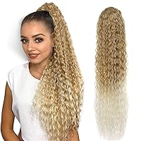 30 Inch Curly Ponytail Extensions Synthetic Deep Wave Drawstring Ponytail For Black Women Human Hair Feeling With Clip In Thick Ponytail Hair Blonde Highlights Hairpiece(MT27/613#,160g 30