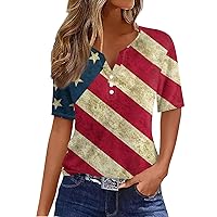 Womens Top American Flag 4Th of July 2024 Patriotic Star Stripes Shirt Cute Button Down V Neck Short Sleeve Tee Blouse