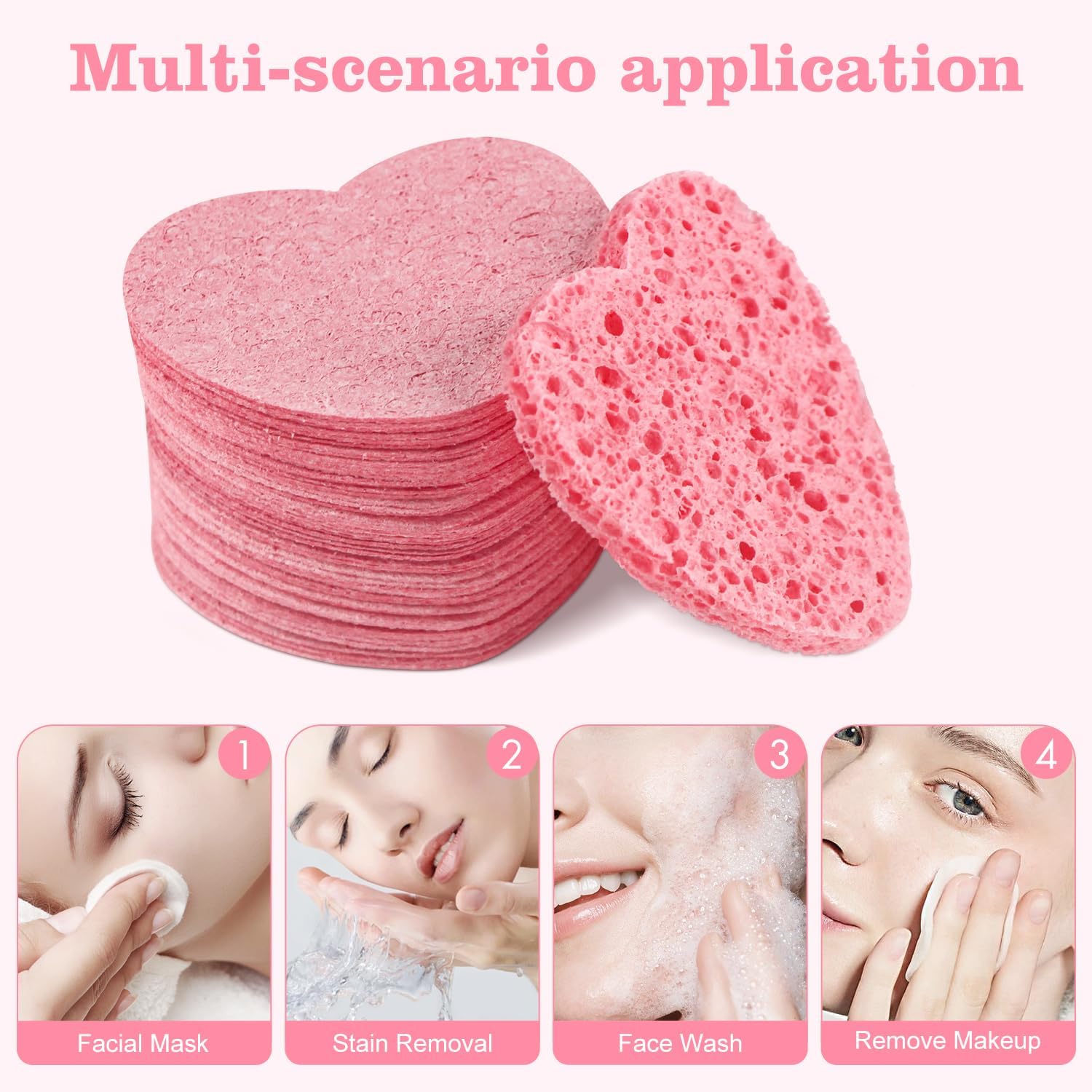 60-Count Compressed Facial Sponges with Container, Heart Shape Compressed Face Sponge, 100% Natural Sponge Pads for Face Cleansing, Massage, Pore Exfoliating Mask, Makeup Removal (Pink)