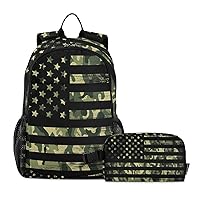 ALAZA Usa American Flag Green Camouflage Backpack and Lunch Bag Set Back Pack Bookbag Cooler Case Kits