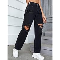 Jeans for Women Pants for Women Women's Jeans Ripped Straight Leg Jeans (Color : Black, Size : 28)