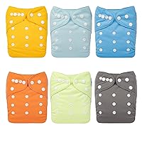 babygoal Reusable Cloth Diapers 6 Pack+6pcs Rayon from Bamboo Inserts+Wet Bag, One Size Adjustable Washable Pocket Nappy Covers for Baby Boys 6FB42