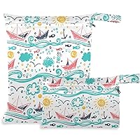 visesunny Childish Sea Boat Fish Anchor 2Pcs Diaper Changing Totes Wet Bags with Zippered Pockets Washable Reusable Roomy Cloth Diaper for Travel,Beach,Daycare,Stroller,Dirty Gym Clothes,Wet Swimsuits