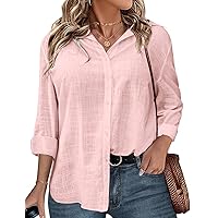 IN'VOLAND Plus Size Women's Button Up Shirts Cotton Roll-Up Sleeve Blouses V Neck Casual Tunics Solid Color Tops Pink