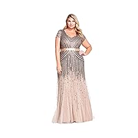 Adrianna Papell Women's Plus Size Floor Length Beaded Cap Sleeve V-Neck Dress