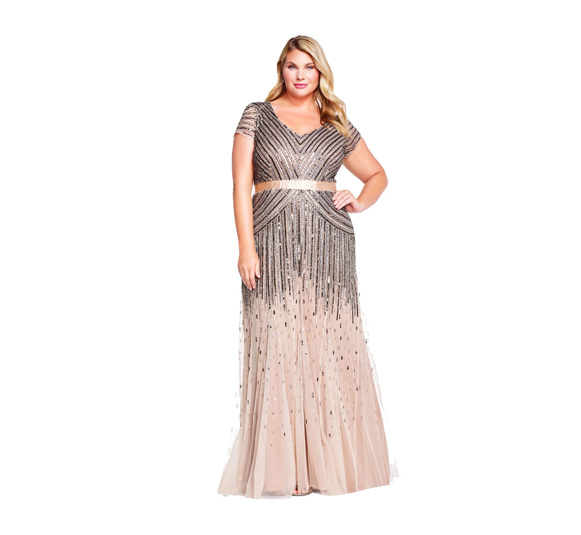 Adrianna Papell Women's Plus-Size Long Cap-Sleeve Gown