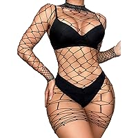 YiZYiF Womens Fishnet Bodycon Mini Dress Mock Neck Hollow Out Nightdress Mesh Sheer Club Party Dress Black One Size