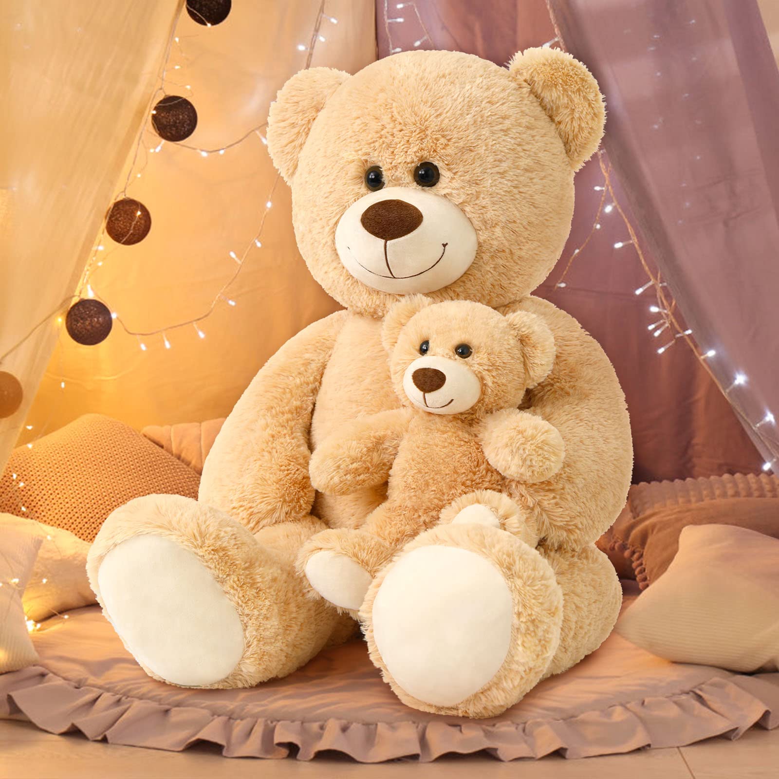 Muiteiur Giant Teddy Bear Stuffed Animal Cute Mommy and Baby Bear Teddy Bear Baby Shower Plush Toy for Kids Boys Girls Great Gift for Christmas Valentines Day Party Decorations 40inch,Light Brown