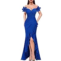 VFSHOW Womens Formal Spaghetti Strap Cold Shoulder Ruched Ruffle Slit Maxi Dress Sexy Sweetheart 3D Flower Prom Evening Gown