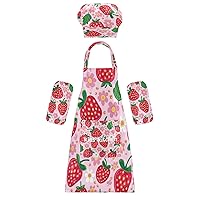 Cartoon Strawberry 3 Pcs Kids Apron Toddler Chef Painting Baking Gardening (with Pockets) Adjustable Artist Apron for Boys Girls-S