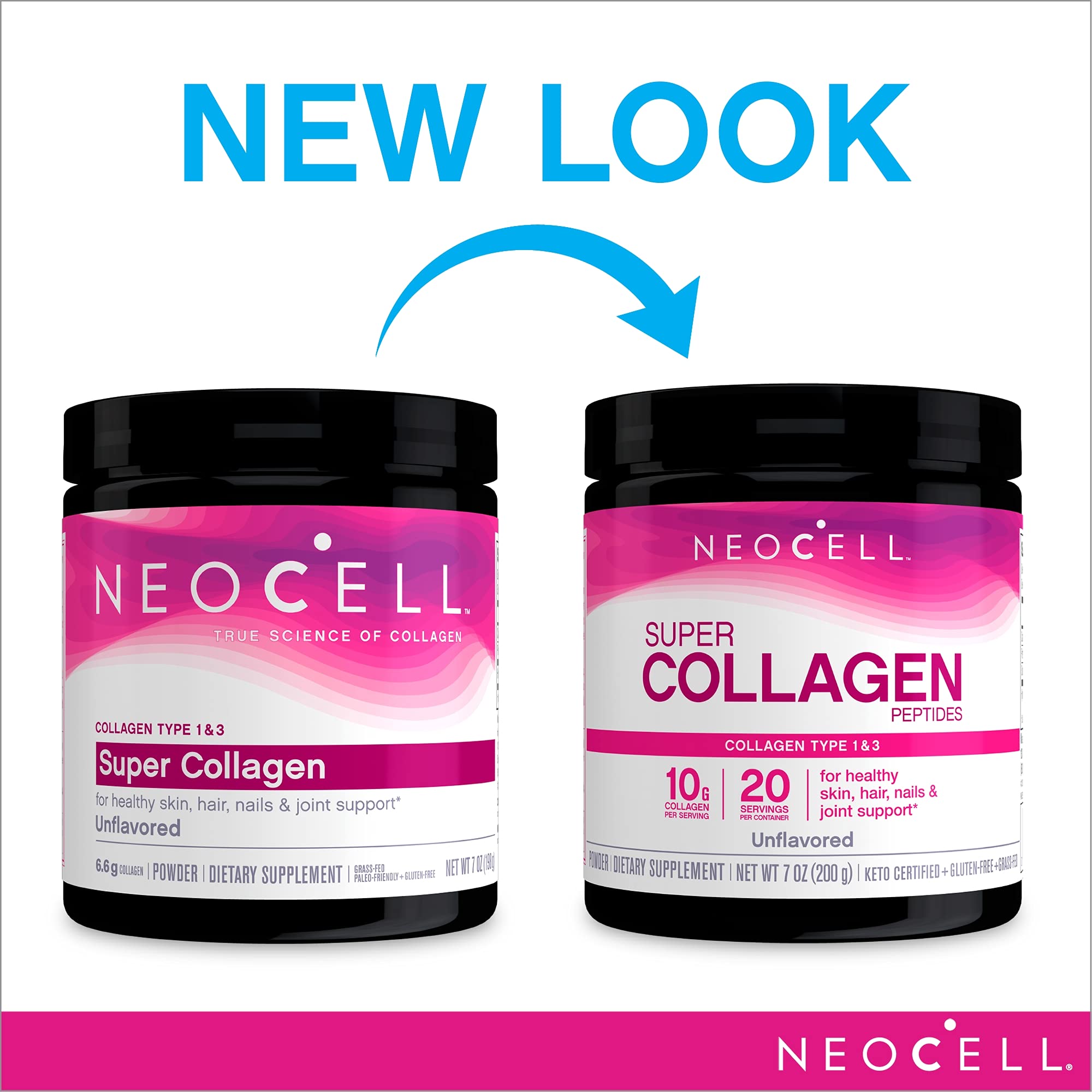 NeoCell Super Collagen Powder, 10g Collagen Peptides per Serving, Gluten Free, Keto Friendly, Non-GMO, Grass Fed, Paleo Friendly, Healthy Hair, Skin, Nails & Joints, Unflavored, 7 Oz
