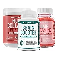Purely Optimal Premium Multi Collagen Powder + Premium Brain Supplement - Nootropic Brain Booster for Focus, Clarity, Improved Memory, Concentration & Better Mood + Premium Hair Vitamins Supplement