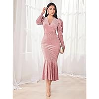 Dresses for Women Plunging Neck Gigot Sleeve Mermaid Hem Bodycon Dress (Color : Pink, Size : Large)
