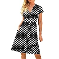 Women's Elegant A Line Dress Summer Casual V Neck Short Sleeve Tied Front Long Dress High Waisted Midi Dress with Pockets