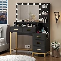 Vanity Desk with Lighted Mirror & Power Outlet, Makeup Vanity Table with 5 Drawers, Two Cubby & Shelf, Vanity Dresser with 11 Lights in 3 Lighting Colors for Bathroom, Bedroom,Makeup Room,Black