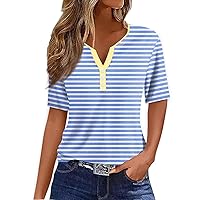 COTECRAM Womens Tops Summer Casual Striped Color Block Short Sleeve Button V Neck Blouses Spring Dressy Loose Fit T Shirts