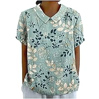 Summer Sweet Peter Pan Collar Blouse Womens Boho Floral Short Sleeve Keyhole Back Shirts Casual Loose Tee Tops