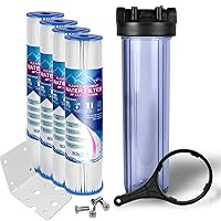 High Capacity 20 x 4.5-Inches Transparent Whole House Water Filter Purifier System with Presser Relief Button, 1” Inlet/Outlet Brass Port & Yearly Supply (4) Pleated Washable Sediment Cartridges 5 Mic