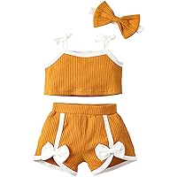 Cute Kid Outfits Children Sling Crop Tops and Shorts Child 3PCS Set Summer Ribbed Summer Casual Clothes with Headband (Yellow, 2-3 Years)