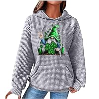 St Patricks Day Hoodies Women Waffle Knit Cute Gnome Shamrock Printed Hooded Sweatshirt Pocket Casual Long Sleeve Pullover