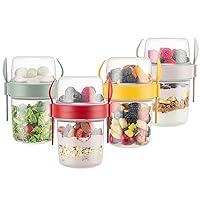 Yogurt Containers with Lids 22 Oz, Take'n Go Breakfast Cups, Meal Prep Container, Parfait Cups with Lids, Cereal Storage Jars with Lids for Oatmeal Containers, Reusable Cups Set Of 4