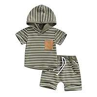 Toddler Baby Boy Summer Outfit Striped Short Sleeve Hooded Sweatshirt Drawstring Shorts Set Casual Infant Boy Clothes