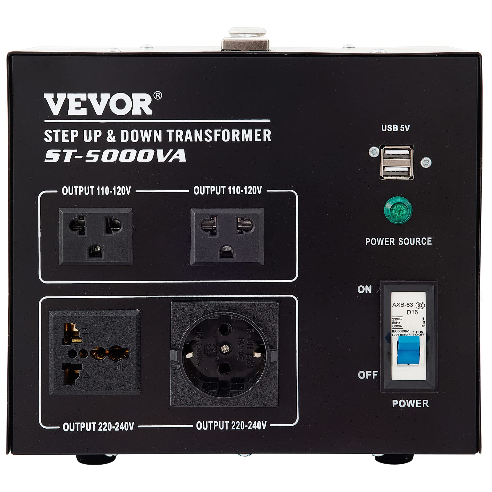 VEVOR Voltage Converter Transformer,5000W Heavy Duty Step Up/Down Transformer Converter(240V to 110V, 110V to 240V),2 US&1 UK&1 Universal Outlet with Circuit Break Protection,5V USB Port,CE Certified