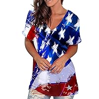 July 4th Womens Stars Stripes Split Side Tunic Tops Summer Plus Size Short Sleeve V Neck Casual Loose Fit T-Shirts