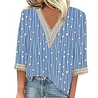 Ladies Summer Tops and Blouses 2023,Fall Plus Size 3/4 Sleeve Tops Casual Loose 3/4 Sleeve Lace Trims Blouse V Neck T-Shirts