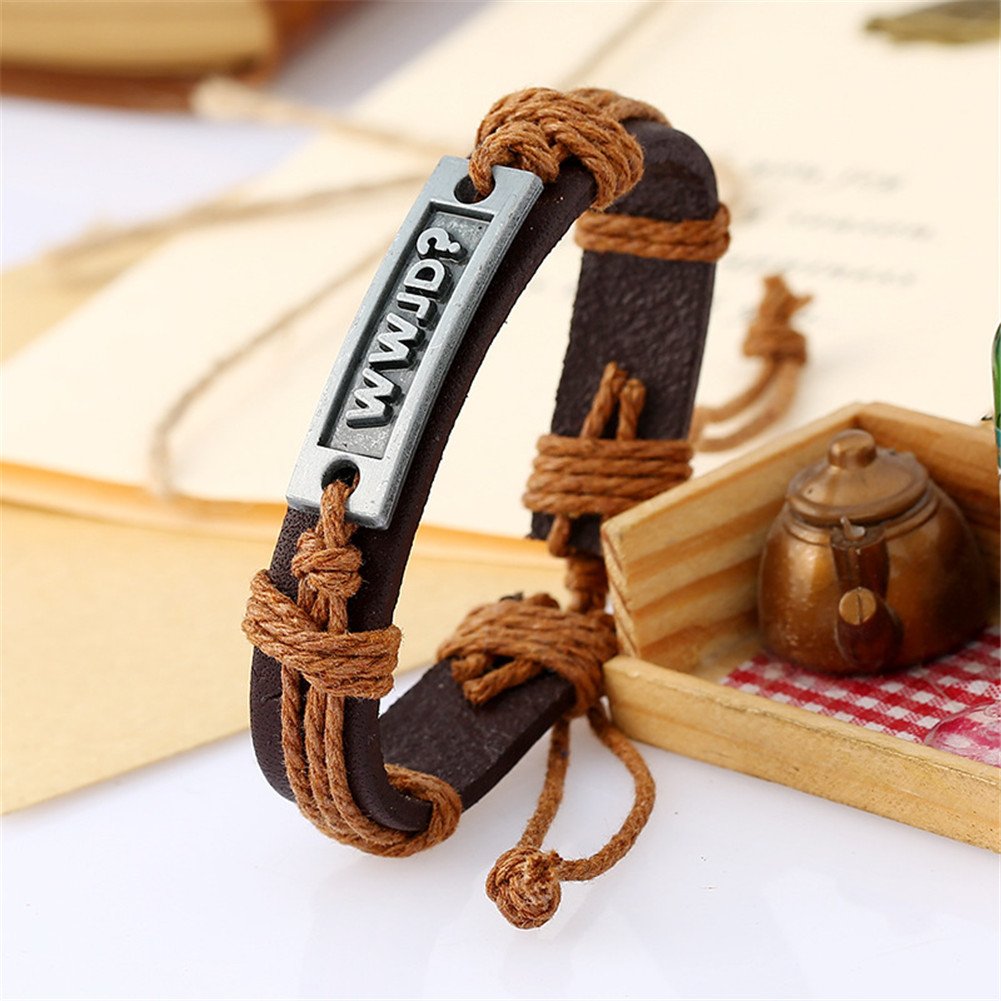 Sunling Adjustable WWJD Cowhide Leather Bracelet for Women Men Religious What Would Jesus Do Gods Guide Bangle Wristband