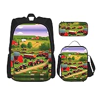3-In-1 Backpack Bookbag Set,Tractor Farm Print Casual Travel Backpacks,With Pencil Case Pouch, Lunch Bag