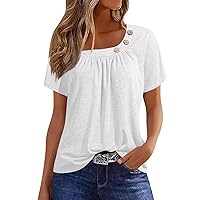 Womens Trendy Loose Summer T-Shirt 2024 Casual Crew/V Neck Solid Short Sleeve Blouse Button Down Soft Comfy Tops