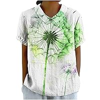 Funny Dandelion Print Shirts Women Peter Pan Collar Short Sleeve Blouse Summer Fashion Keyhole Back Casual Tops