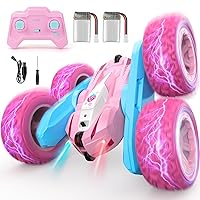 Remote Control Car, Pink RC Cars for Girls, Rechargeable RC Truck, 2.4Ghz Double Sided 360° Rotating Stunt Car Toy with Headlights, Birthday Gift for Kids Age 3+