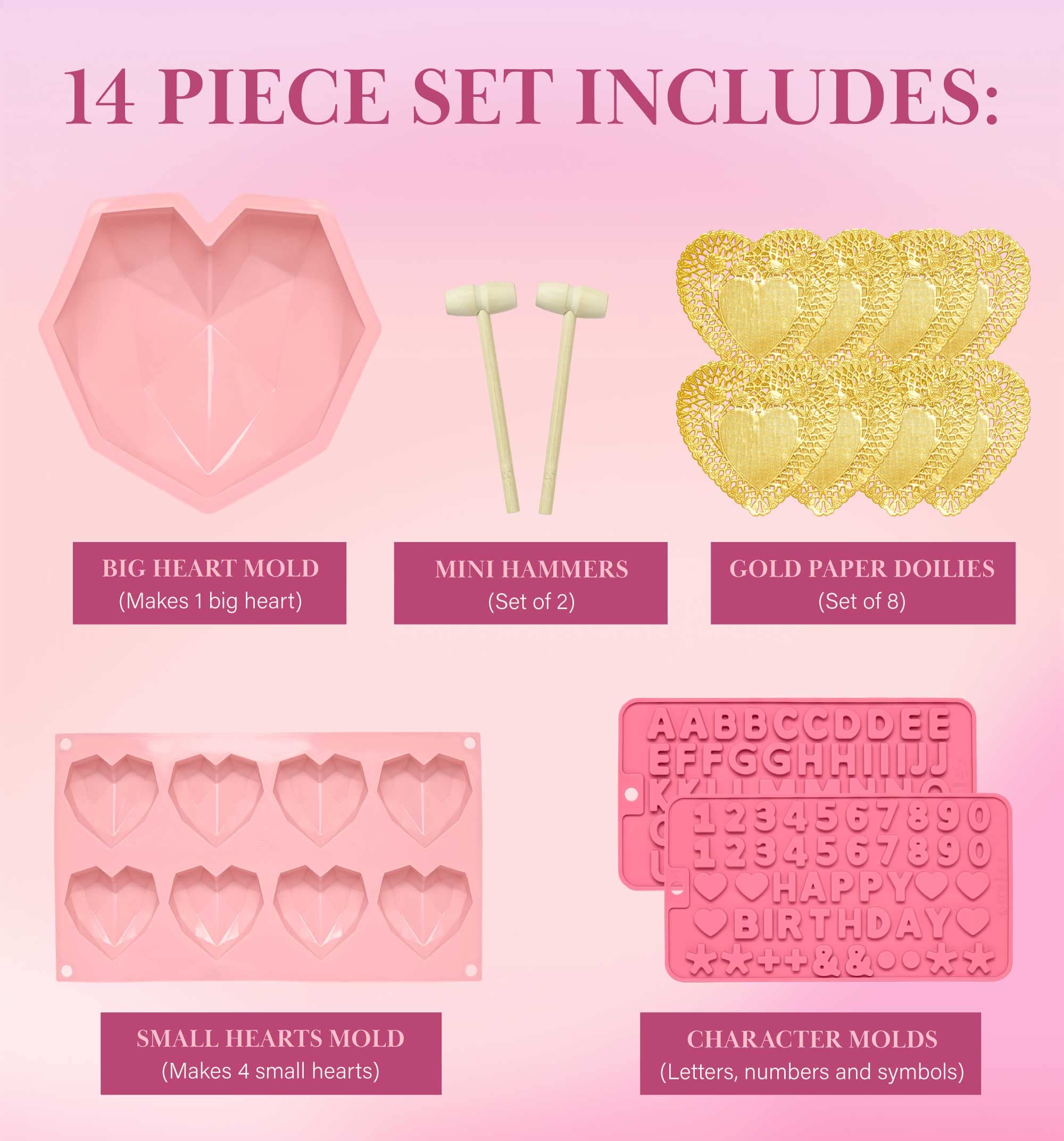 Paris Hilton Breakable Chocolate Heart Kit, Includes Big and Small Heart Shaped Molds, Number, Character and Letter Molds, Mini Wooden Hammers, Candy Making Set, Pink