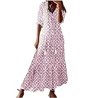 Summer Vacation Maxi Dress for Women Casual V Neck Puff Short Sleeve Smocked Ruffle Flowy Beach Boho Floral Long Dress Best Cyber of Monday Deals Pink