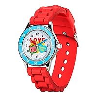 Accutime CoComelon Time Teacher Watch for Kids - Learn to Tell Time with JJ & Friends, Colorful Interactive Dial, Sturdy Red Strap, in Custom Tin