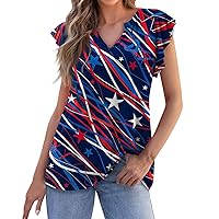 Summer Tops for Women 2024 Independence Day Vintage Printed Casual Shirts Sexy V Neck Ruffle Cap Sleeve Top