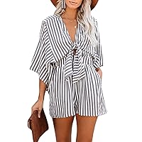 AlvaQ Rompers for Women Dressy Spring Summer Tie Knot Front Sexy V Neck Jumpsuits