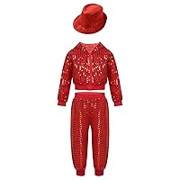 YiZYiF Kids Boys Girls Hip Hop Jazz Dance Disco Costume Sequins Hooded Jacket Pants Hat Christmas Performance Outfit Set Red 3-4 Years